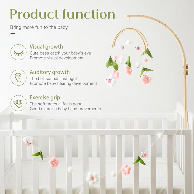 Baby Mobile for Crib, Crib Nursery Mobile for Boys Girls, Boho Bee Flower Nursery Decor Soothe Toy Baby Shower Set for Infant Bedroom Hanging Decoration Toy, Pink