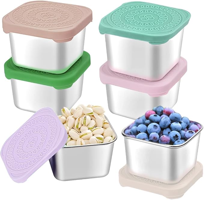 6Pack Stainless Steel Snack Containers for Kids, Easy Open Leak Proof Metal Toddler Snack Containers with Silicone Lids, Stackable Metal Toddler Lunch Box for Daycare, School and Travel (6oz)