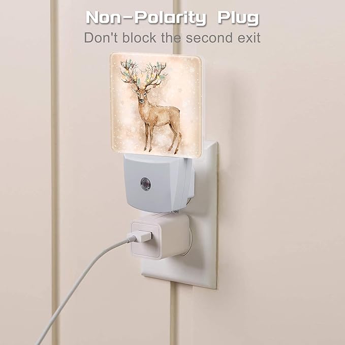 Winter Christmas Deer Night Light for Kids,Deer Horns Decorated with Fir Branches and Lights Night Light Plug in with Dusk to Dawn Sensor,0.5w Energy Saving Nightlight for Hallway Stairway Bedroom