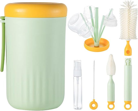 Travel Bottle Cleaner Kit, 6-in-1 Baby Bottle Brush with Silicone Bottle Brush, Nipple Brush, Straw Brush, Drying Rack, Dispenser, Organizer, Baby Travel Essential, Gifts for New Mom - Green