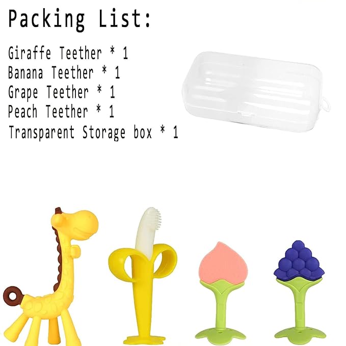 Baby Teething Toys 3-6 Months, Silicone Baby Teether Freezer BPA Free, Babies Teething Relief Sore Gums, Banana Finger Toothbrush, Fruit Shape Giraffe Teether for Infant Boys and Girls