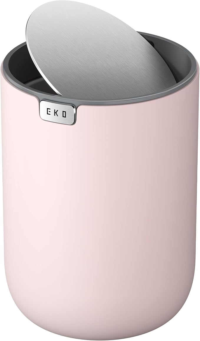 EKO Fandy 0.58 Gal/2.2L Mini Trash Can with Lid, Swing-Top Desktop Trash Can for Bathroom, Countertop, Vanity, Desk or Office, Small Garbage Bin (Pink)