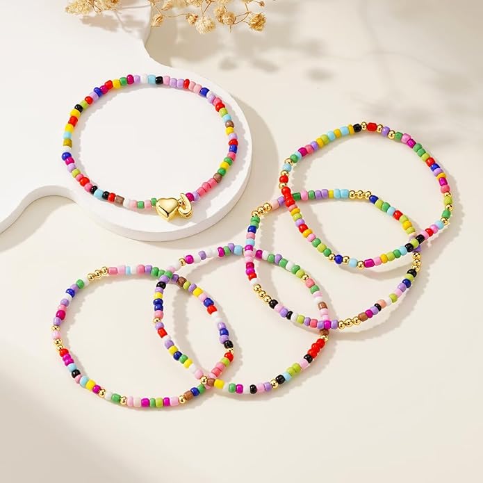 M MOOHAM Stocking Stuffers for Kids Girls Teen - 5PCS Colorful Beaded Initial Bracelets for Women Girls, Cute Stretch Heart Letter Bohemian Stackable Bracelet Birthday Gifts Jewelry for Kids Teen Girl