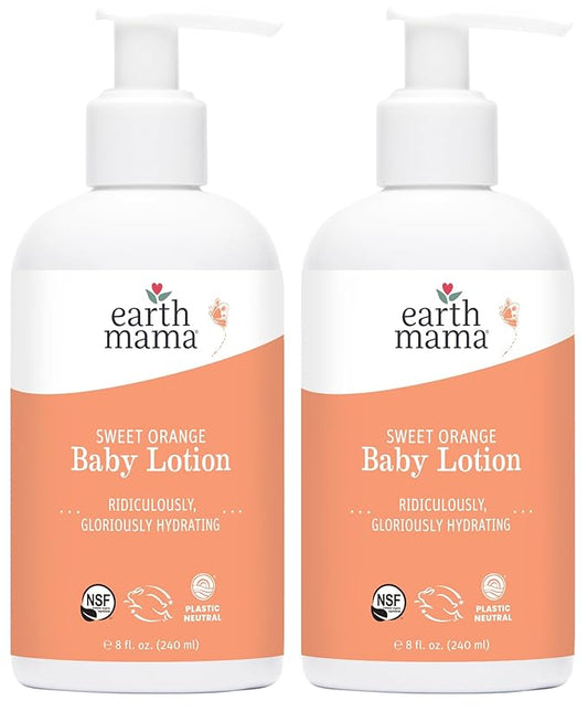 Earth Mama Sweet Orange Baby Lotion | Moisturizing Body Lotion for Dry Skin, Newborn Baby Lotion Sensitive Skin Care, Face Lotion for Babies & Kids with Shea Butter, Calendula & Aloe, 8 Fl Oz (2-Pack)