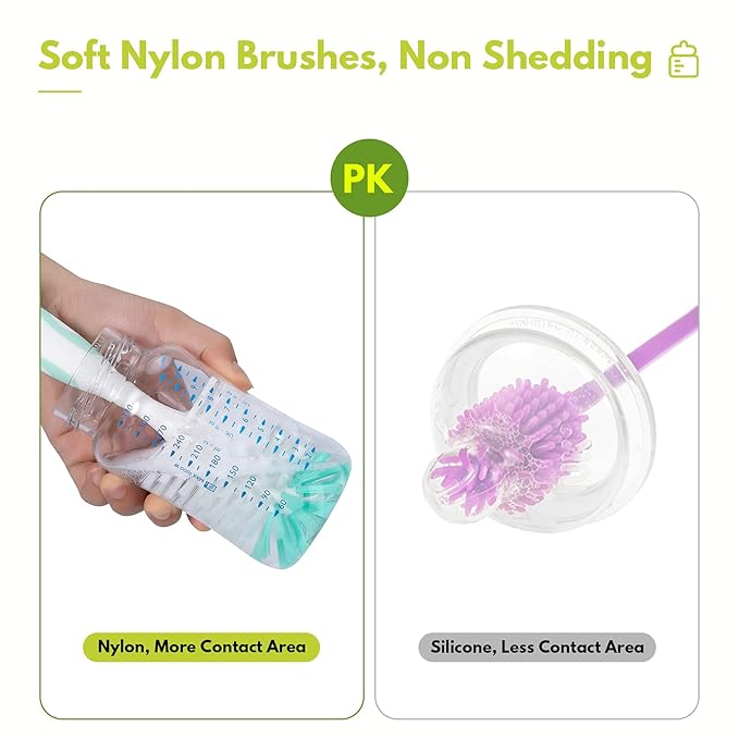 Baby Bottle Brush with One Base Hidden Nylon Nipple Cleaner, 2 Pcs Sponge Nipple Brushes, 2 Pcs Straw Brushes, Bottle Brush with Nipple Cleaner and Suction Cup (Pink)