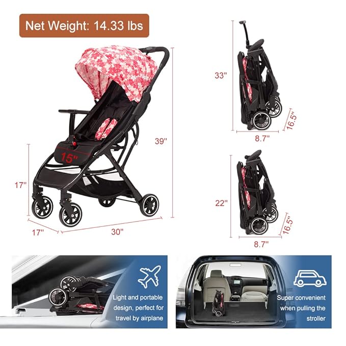COOL KIDS Portable Stroller with Automatic Fold，Lightweight Umbrella Stroller with Pop Out Sun Canopy，Compact Stroller for Travel