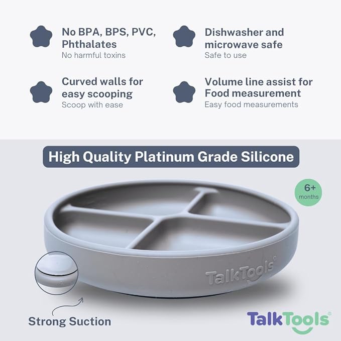 TalkTools Itsy Plate Must-Have Silicone Baby Plates with Suction | Non-Toxic Toddler Feeding Plate | Divided Portion | BPA-Free, Easy-Clean, Travel-Friendly Baby Dishware - Made in USA (Cloud)