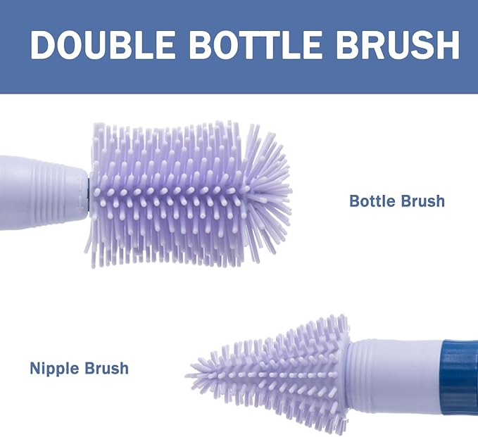 Travel Bottle Brush, 6-in-1 Portable Travel Bottle Cleaner Kit with Small Bottle Brush Built in Drying Rack, Nipple Brush, Straw Brush, Soap Dispenser, for Baby Bottles Under 8 OZ, BPA-Free(Purple)