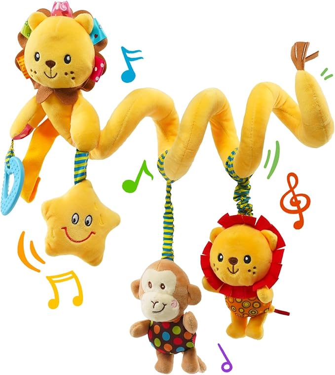 Jollybaby Crib Stroller Car Seat Toys for Baby 0-3-6-9-12 Months, Tummy Time Hanging Sensory Toys for Newborn with Music Box and Teether, Spiral Carseat Toy for Baby Boys Girls Gifts (07-Little Lion)