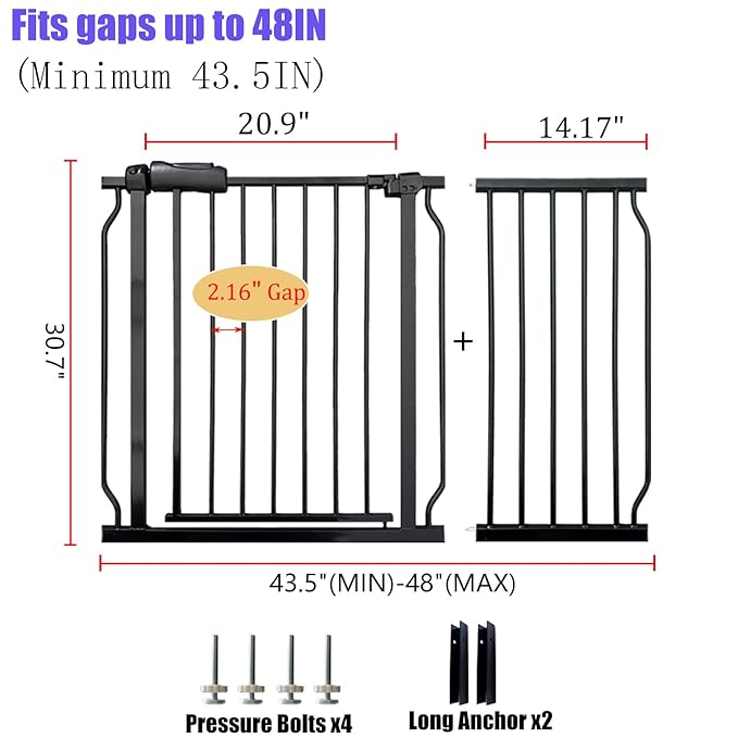 Baby Gates Extra Wide 43.5-48 Inch Wide Large Baby Gate for Stairs Tension Pet Dog Gates Indoor for Doorways No Drilling Pressure Mounted Pet Gates for Kids