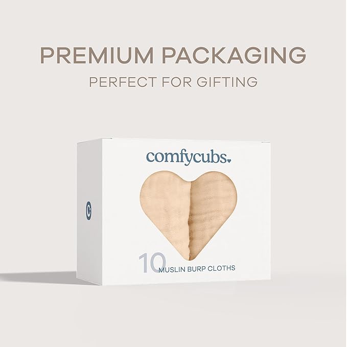 Comfy Cubs Muslin Burp Cloths 20" x 10", Pack of 10 - Large, 6-Layer, Ultra Absorbent 100% Cotton for Baby Drool and Messes - Soft, Safe & Gentle Baby Burp Cloths for Boys & Girls - Cream