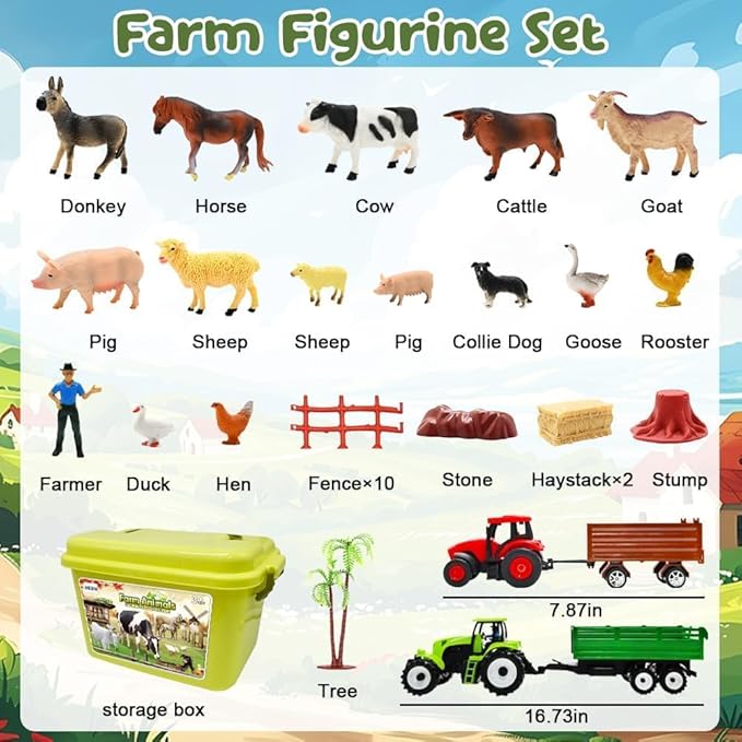 Farm Animal Figures Toy, Realistic Plastic 2 Farm Truck Playset with Trailer, Farmer Fence Storage Box, Christmas Birthday Easter Gift for Kids 3-8