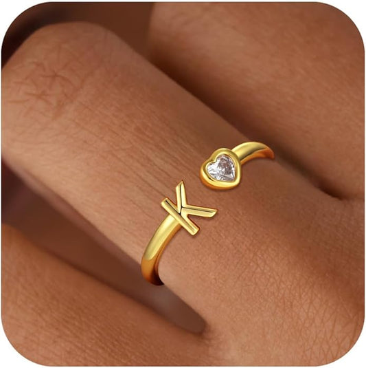 C-leen Christmas Gifts for Grandkids Teens Girls - 18K Gold Plated Adjustable Initial Rings for Women Girls Dainty Gold Rings Christmas Gifts for Women Teen Girl Trendy Stuff