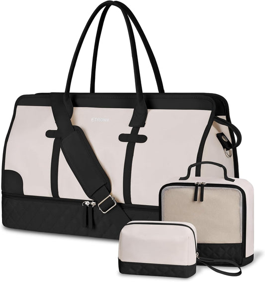 ETRONIK Weekender Overnight Bag for Women, Large Travel Duffle Bag with Shoe Compartment & Wet Pocket, Carry On Tote Bag Gym Duffel Bag with Toiletry Bag, 3 Pcs Set, XL Size, Beige&Black