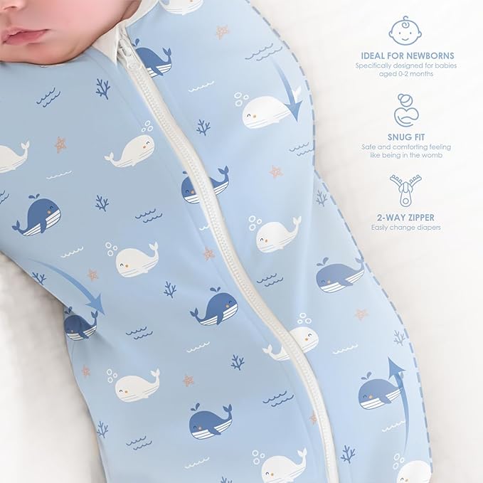 Baby Swaddle 0-2 Months, Cotton Arm-In Zipper Sleep Sack, Wearable Blankets Wrap for Newborn Infant Girls and Boys (Whale, Anchor, Pack of 2)