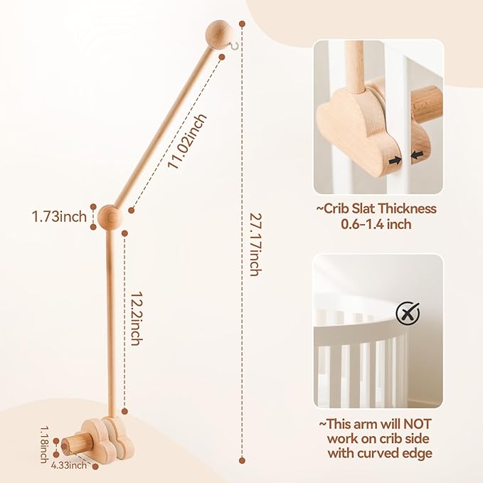 OESSUF Baby Crib Mobile Arm, 27 Inch Adjustable Wood Hanger, White Cloud Design, Nursery Mobile Holder for Cot Bed (Wooden)