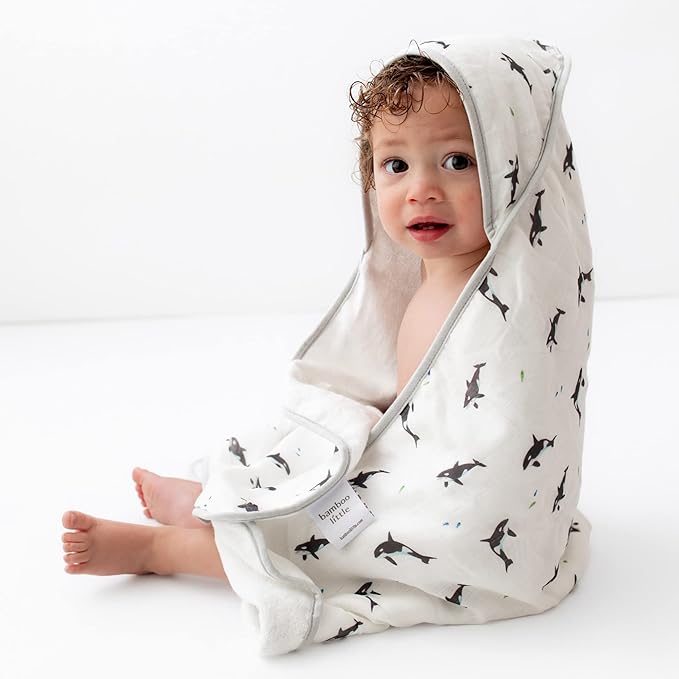 Bamboo Viscose Baby Hooded Towel & Washcloth Set for Babies and Toddlers, Soft & Absorbent, 70% Viscose from Bamboo, 30% Cotton Muslin - Imported (Orca)