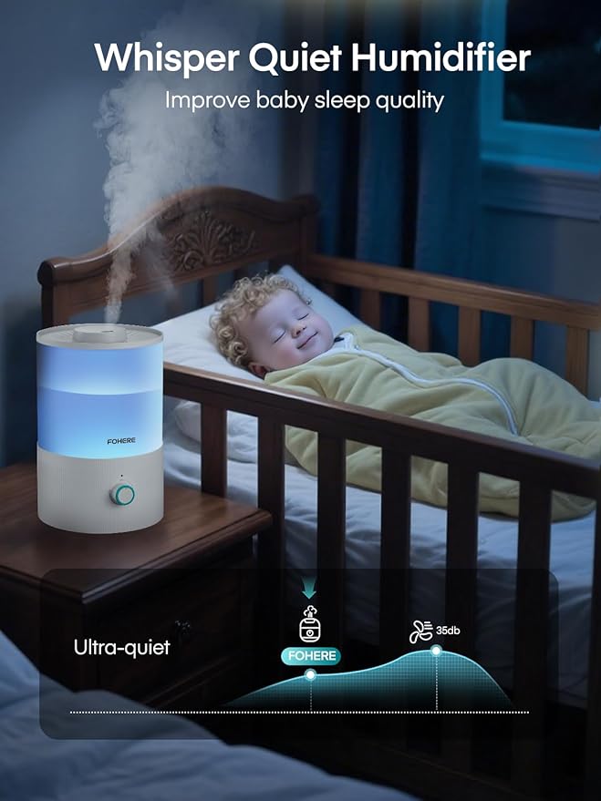 FOHERE Humidifier for Bedroom Baby, 3.2L Top Fill Cool Mist Humidifiers for Nursery, Home, 28H Ultra Quiet Runtime, Auto Shut-Off, Soft 7-Color Night Light, BPA-Free, Essential Oil Tray, White