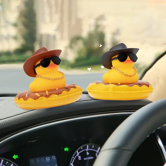 wonuu Car Rubber Duck, Yellow Duck Decoration Dashboard with Sun Hat Swim Ring Necklace Sunglasses for Car Dashboard Decorations