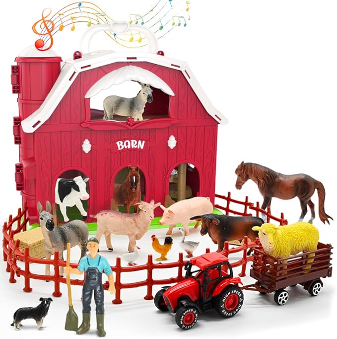 Big Red Barn Toys for Toddlers 1-3, Farm Animal Figures Playset with Tractor for 2 3 4 5 Year Old Kids, Musical Preschool Montessori STEM Learning Toys, Christmas Birthday Easter Gift for Boys Girls