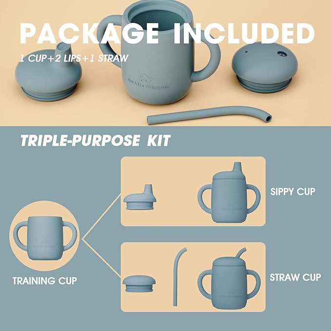 Cuddle Campus Sippy Cups 7OZ, [4 in 1] Baby Cups, Shatterproof Silicone Straw Cup,Open Cup for 6M, 6M+,6-12 Months,1/1+ Year Old Baby,Toddler