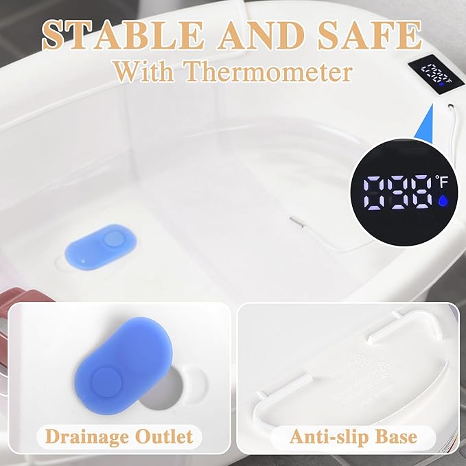 Baby Bathtub, Baby Bath Tub with Thermometer & Soft Cushion, Collapsible Infant Bathtub for Newborn to Toddler 0-36 Months, Quick Use & Portable for Travel(White)