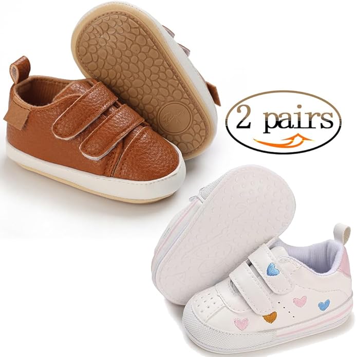 2Pairs Baby Shoes,Boys Girls Non-Slip Rubber Sole Sneakers,Unisex Infant Soft Lightweight First Walking Crib Shoes