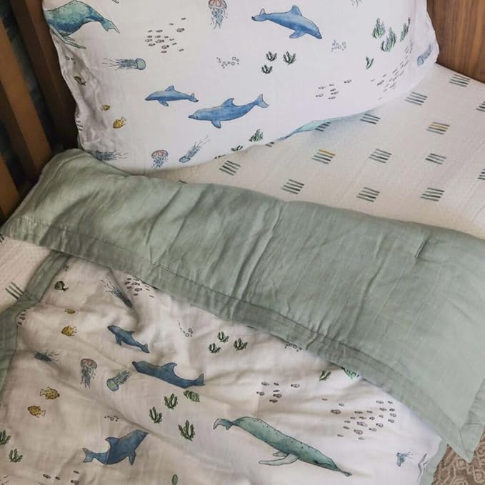 Little Unicorn Lofty Comforter Blanket | Super Soft & Breathable Muslin Fabric| Great for Play & Bedtime Blanket (Whales)