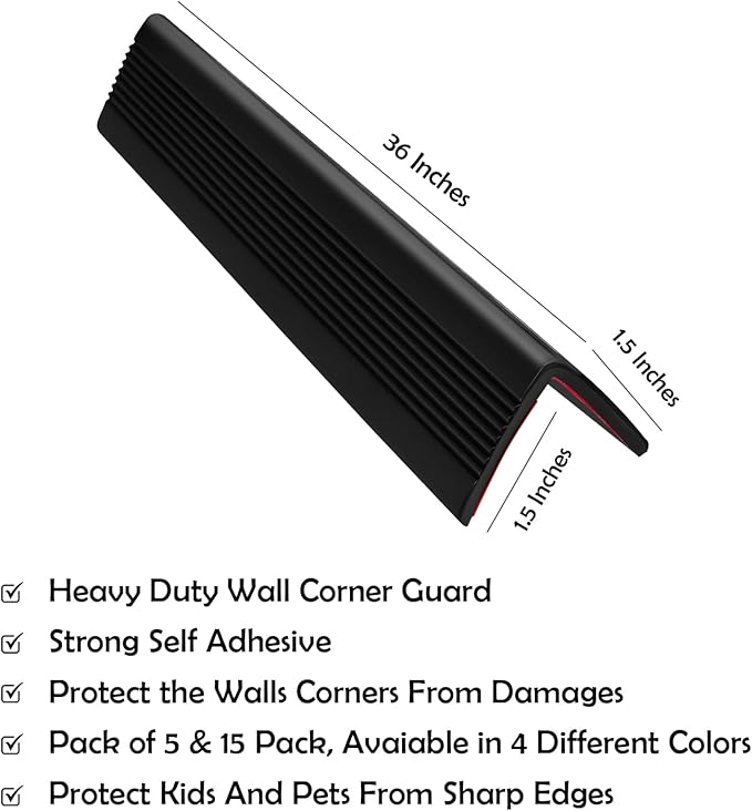Rubber Bond Wall Corner Guard Edge Protector, Baby Proofing Corner Guards | Self-Adhesive Furniture Edge Strips for Home & Office (Black, 5 Pack)