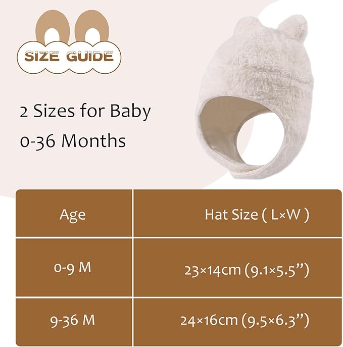 Bear Baby Winter Hat Toddler Earflap Beanie Unisex Infant Snow Cap Warm Fleece Kids Trapper Hats for Girls Boys 0-36M