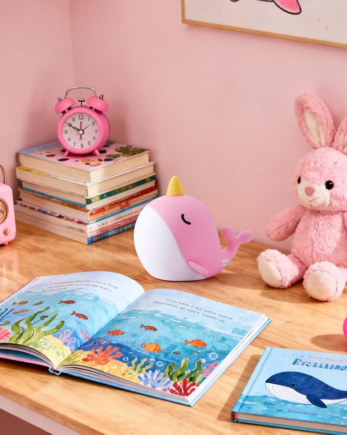 Fuloon Narwhal Night Light with Whale Shape, Squishy Silicone Kids Lamp, Safe & Soothing Touch Control for Kids and Babies, USB-C Rechargeable, 30-Min Auto Timer, Gift Idea (Pink)