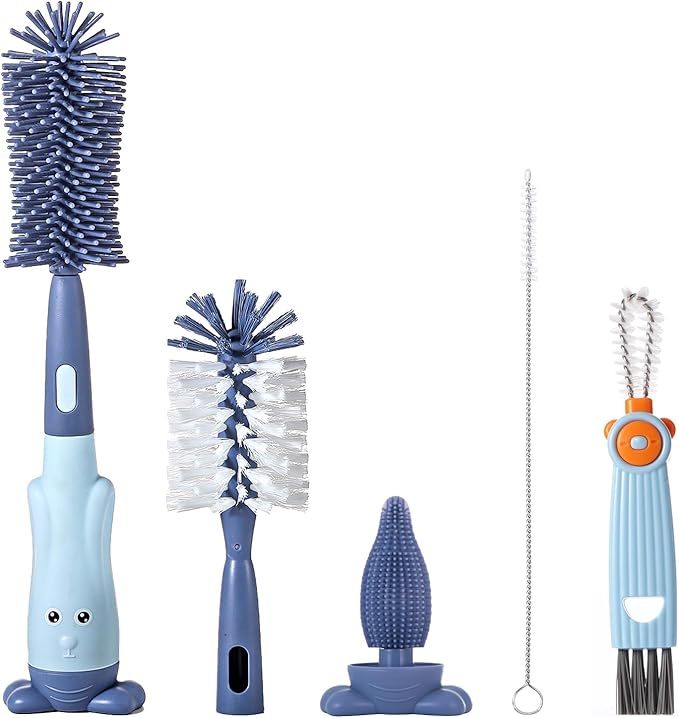 5-in-1 Baby Bottle Brush Set, Bottle Brush for Baby, Baby Bottle Scrubber, Including Silicone & Nylon Bottle Brush, Bottle Cap Brush, Straw Brush, Nipple Brush, BPA-Free (Blue)