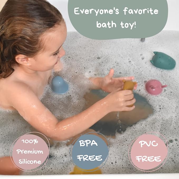Silicone Bath Toys 4-Pack - Cleanable Silicone Toys with Montessori Stackable Cups - Baby Bath Toys - Dishwasher-Safe Bath Toys - Toddler Tub Toys - Baby Bath Essentials