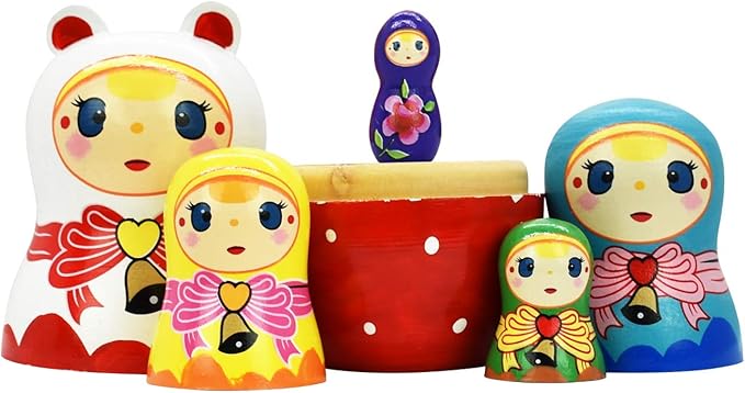Tphon Nesting Dolls 5pcs Handmade Russian Wooden Matryoshka Dolls Cute Cartoon Pattern Nesting Doll Toy Stacking Doll Set for Kids Christmas and Birthday