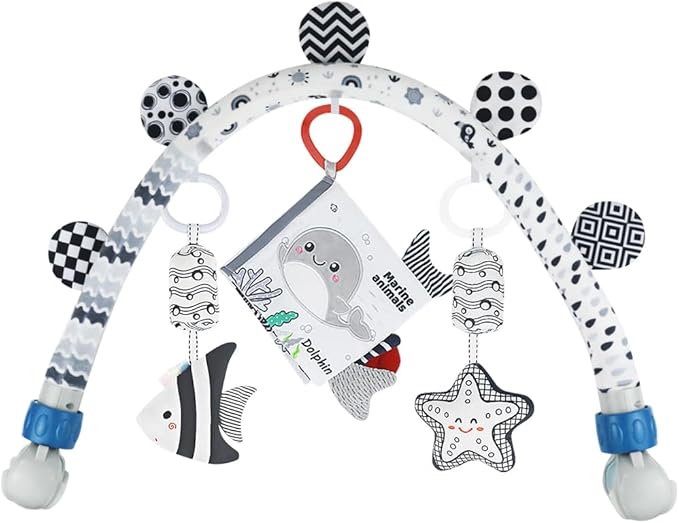 Baby Activity Travel Mobile Arch Bassinet Toy, Black and White High-Contrast Crib Toys, with Rattle and Book, Strolle,Pram and Crib Attachment with Hanging Toys (Ocean)