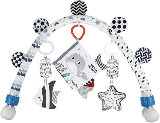 Baby Activity Travel Mobile Arch Bassinet Toy, Black and White High-Contrast Crib Toys, with Rattle and Book, Strolle,Pram and Crib Attachment with Hanging Toys (Ocean)