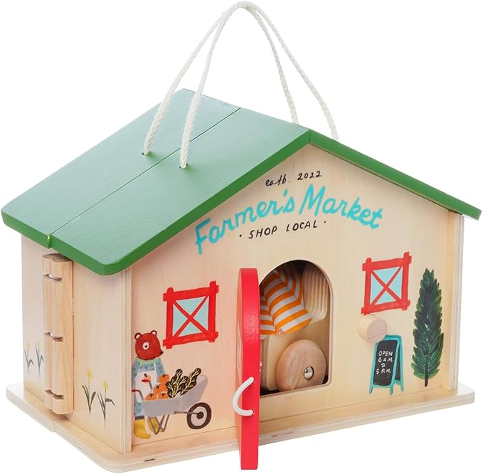 Manhattan Toy Farmer’s Market Day 12-Piece Portable Wooden Toy Figure Pretend Shopping Playset