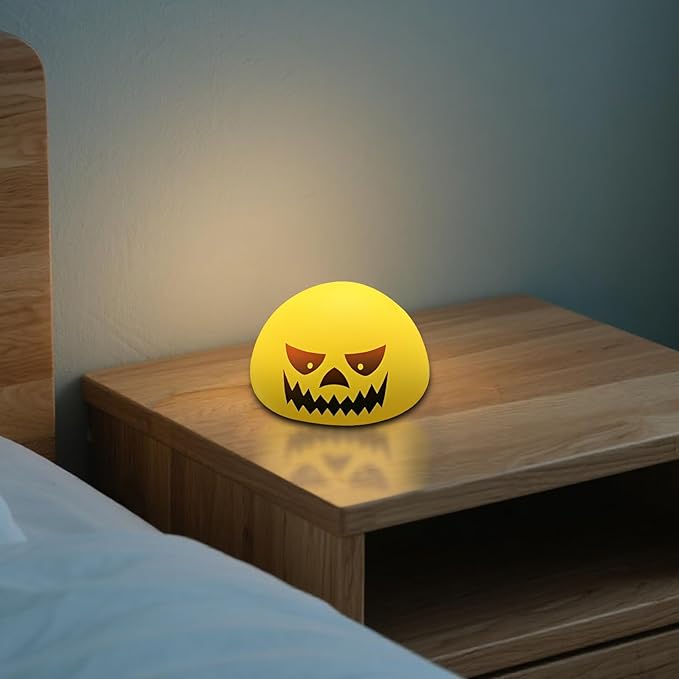 Funny Devil Pumpkin Night Light - Color Changing Half-Sphere Silicone Lamp, Battery Powered, Dimmable Glow for Halloween Christmas Decor, Novelty Gift (Yellow)