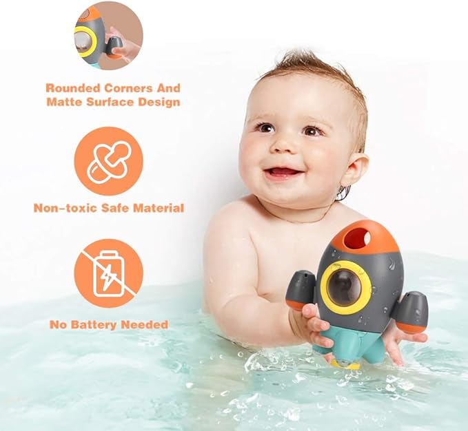 Baby Bath Toys, Space Rocket Shape Bathtub Toys for Toddlers, Spray Water Toys w/ Rotating Fountain, Bathroom Shower Toys for Infants Aged 18 Months 2 3 4 5 Years Old Kids Girls Boys
