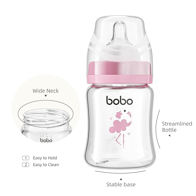 YOHKOH Glass Baby Bottles with Slow Flow Nipple, Newborn Anti-Colic Baby Bottles for 0+ Months, Wide Neck Feeding Bottle, Clear (Red, 5oz (Pack of 2))
