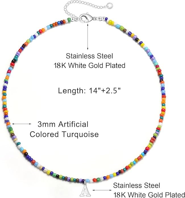 Yoosteel Christmas Gifts for Grandkids Teen Girls - Colorful Beaded Initial Necklace for Girls Kids Jewelry A-Z Letter Choker Necklace Birthday Gifts Stocking Stuffers for Teen Girl Women Kids Toddler