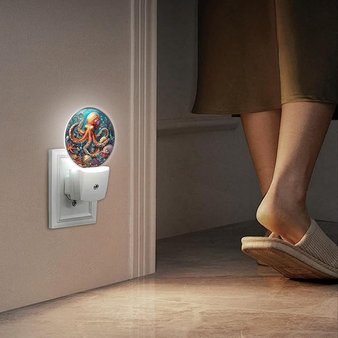 Round LED Night Lights Lamp with Dusk to Dawn Sensor, Red Octopus Surrounded by Underwater Scene Night Light Plug Into Wall for Kids Room, Bedroom, Bathroom, Kitchen, Hallway