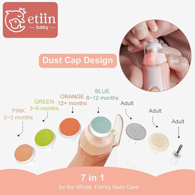 Baby Nail Trimmer Electric | Safe + Easy Baby Nail Trimmer, Baby Nail Clippers + Nail Filer Buffer, Trim Polish Grooming kits for Newborn Toddler or Adults’ Nails, 7 Grinding Heads and LED Light