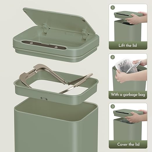 ELPHECO Stainless Steel Office Trash Can Motion Sensor Garbage Can Touchless Smart Trash Can Automatic Waste Bin for Kitchen, Office, Bathroom (Avocado Green, 6.6 Gallons), 2AA
