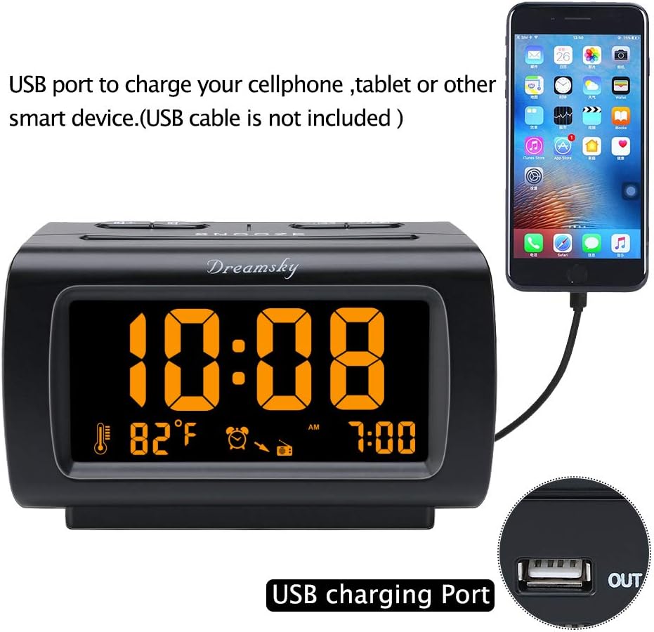 DreamSky Alarm Clock Radios for Bedrooms with Battery Backup, Large Big Numbers with Brightness Dimmer, USB Port, Bedside Digital FM Radio with Sleep Timer, Temperature, Adjustable Volume, Snooze
