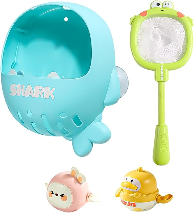 Adorable Frog Fishing Net Toy with 1 Wind-up Duck, 1 Windup Rabbit, Shark Storage Box for Kids Bath Time Fun, Perfect for Babies and Toddlers (Green)