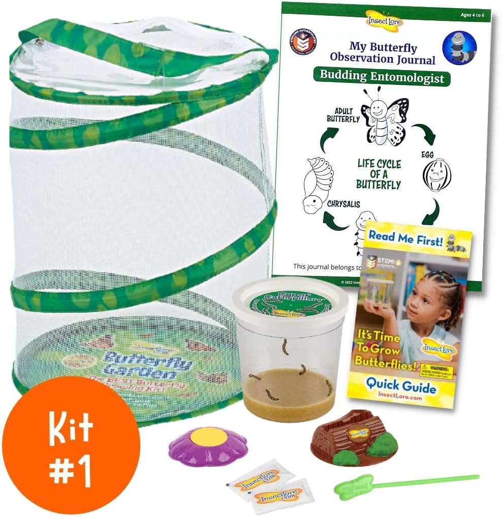 Insect Lore Bug Camp Bundle - Butterfly Kit with 5 Live Caterpillars, Ladybug Land with 1 Tube Live Larvae, Ant Mountain with 1 Tube Live Western Harvester Ants - Bonus Life Cycle Figurines & More