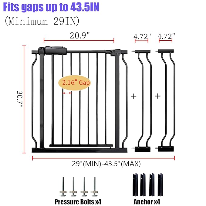Walk Through Baby Gate 29-43.5 Inch Wide Large Baby Gate for Stairs Tension Pet Dog Gates Indoor for Doorways No Drilling Pressure Mounted Pet Gates for Kids