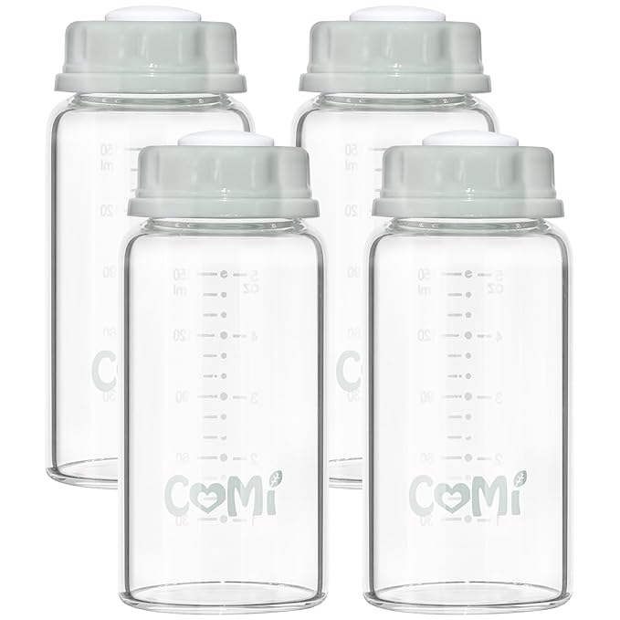 COMI Natural Glass Baby Bottle,Standard Neck Breastmilk Storage Bottle for Fridge,Breast Milk Container,Breast Pump Bottle Compatible with Medela Breast Pump,BPA Free,4PCS(5.1oz,4 Gray Lids)