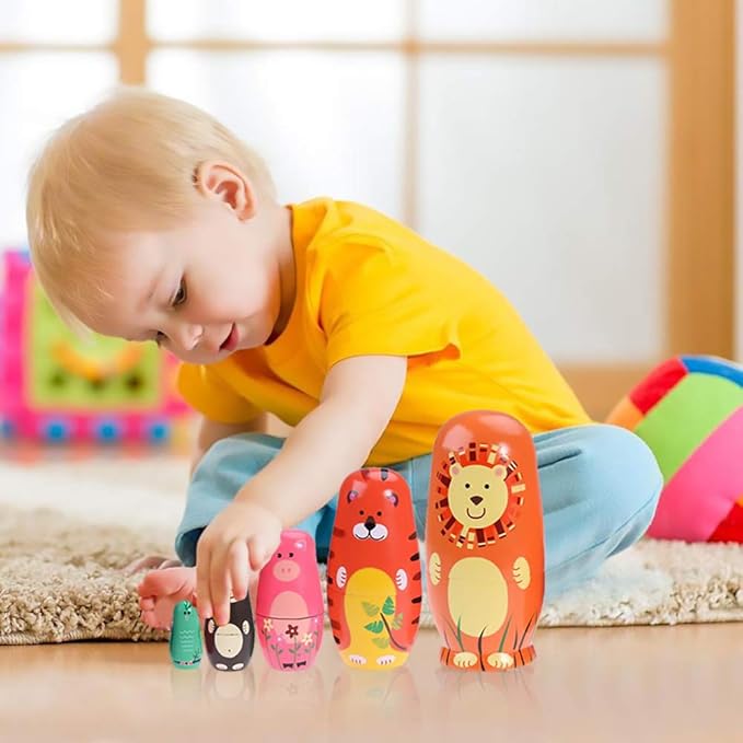 Tphon Russian Nesting Dolls Wooden Matryoshka Dolls for Kids Handmade Cute Cartoon Animals Pattern Nesting Doll Toy Stacking Doll Set of 5